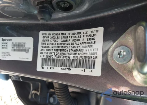 2020 Honda Civic Ex from USA, damaged, VIN 19XFC1F35LE001892